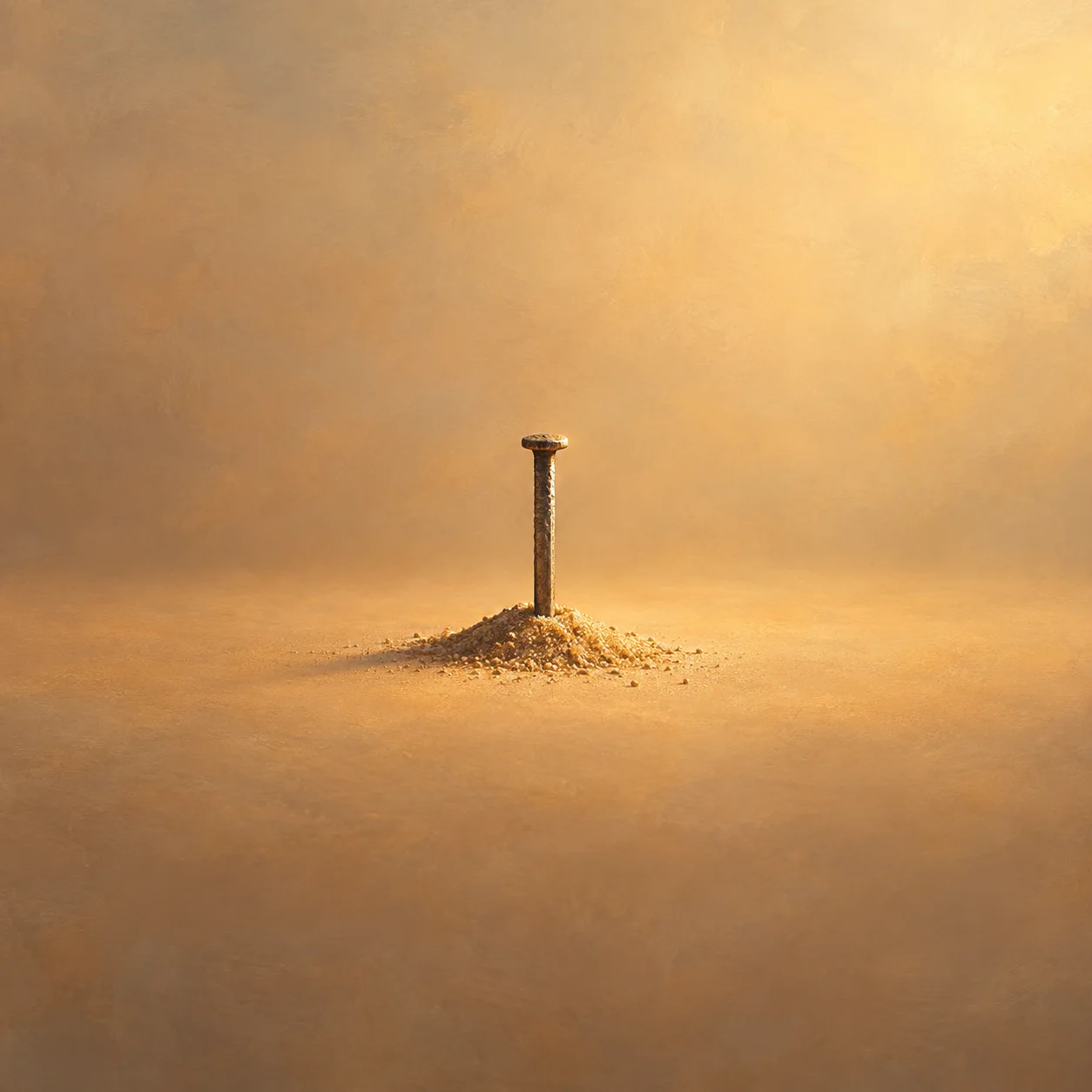 Painterly single upright iron nail standing in a small mound of golden sand.