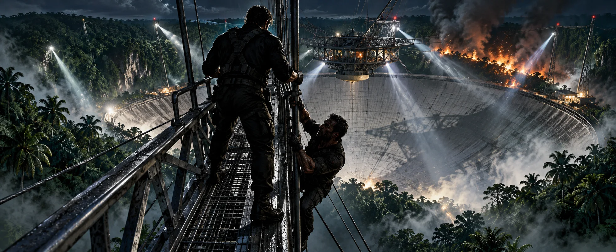 High above a vast radio-telescope dish in the Cuban jungle, two men struggle on the antenna's steel ladder as searchlights sweep and flames lick the dish's rim.