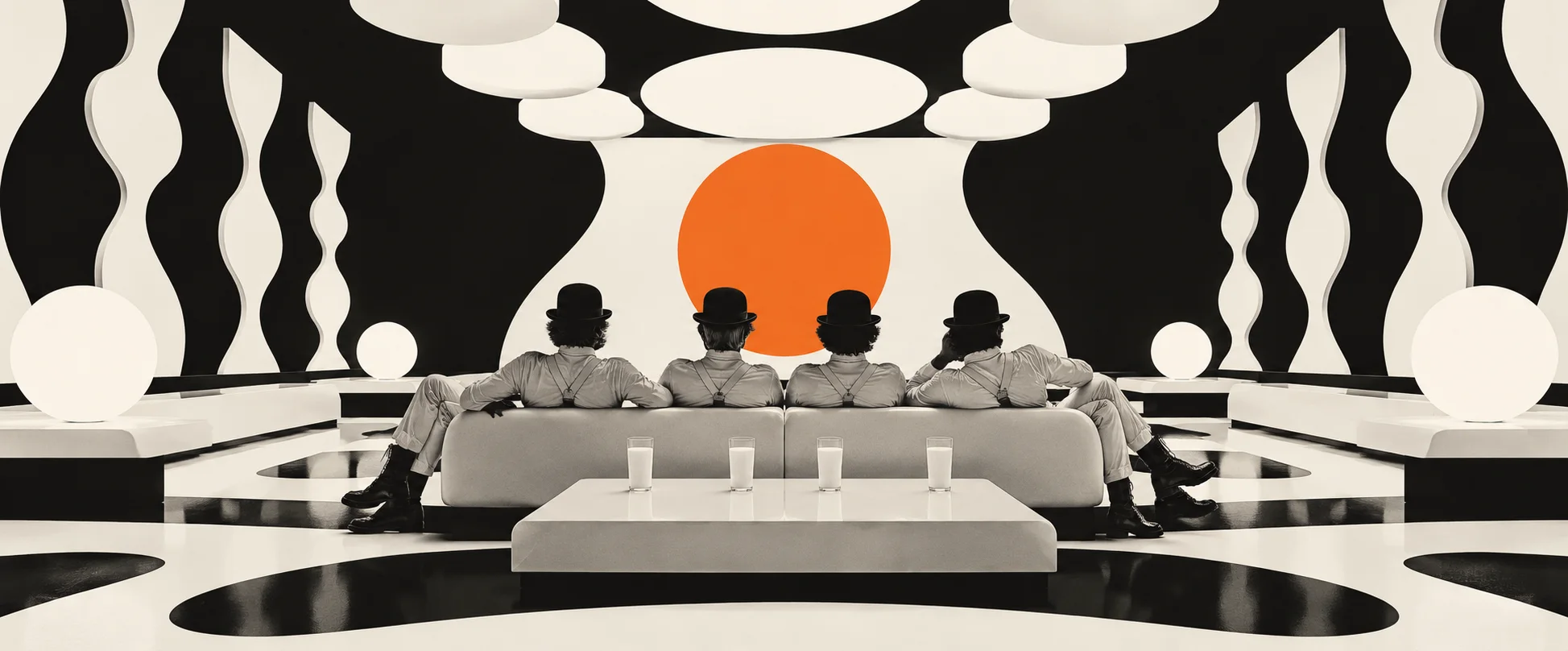 Four young men in white with bowler hats sit on a white sofa in a black-and-white op-art milk bar, an orange sun disc behind them.