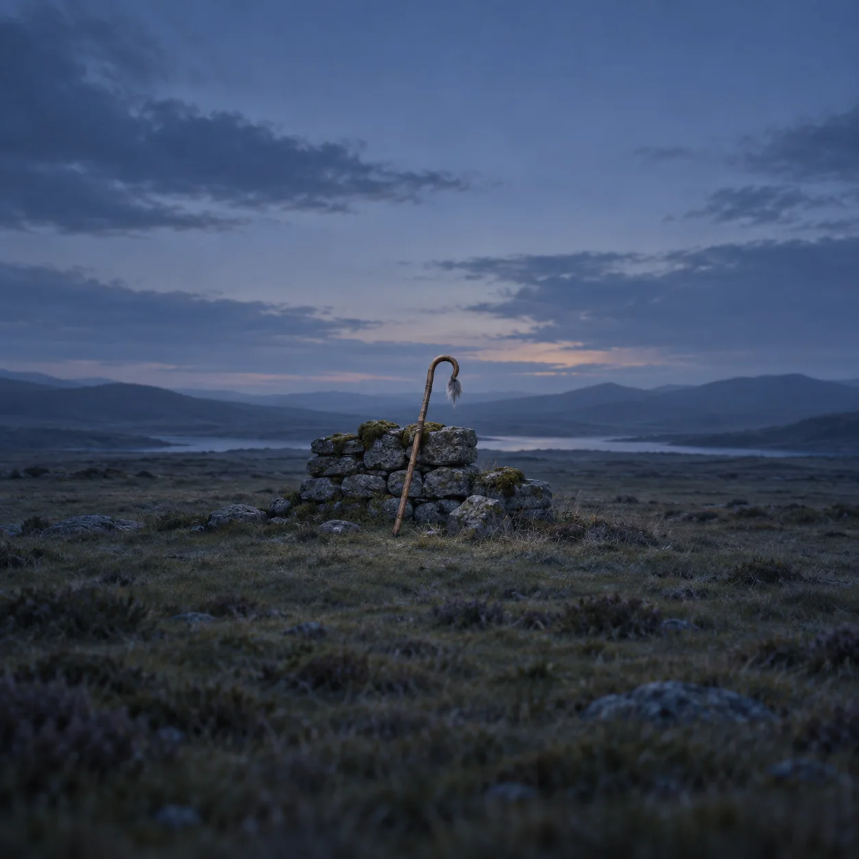 A wooden shepherd's crook with a small grey tuft at its curved tip leans against a low stone wall in a dusk landscape.