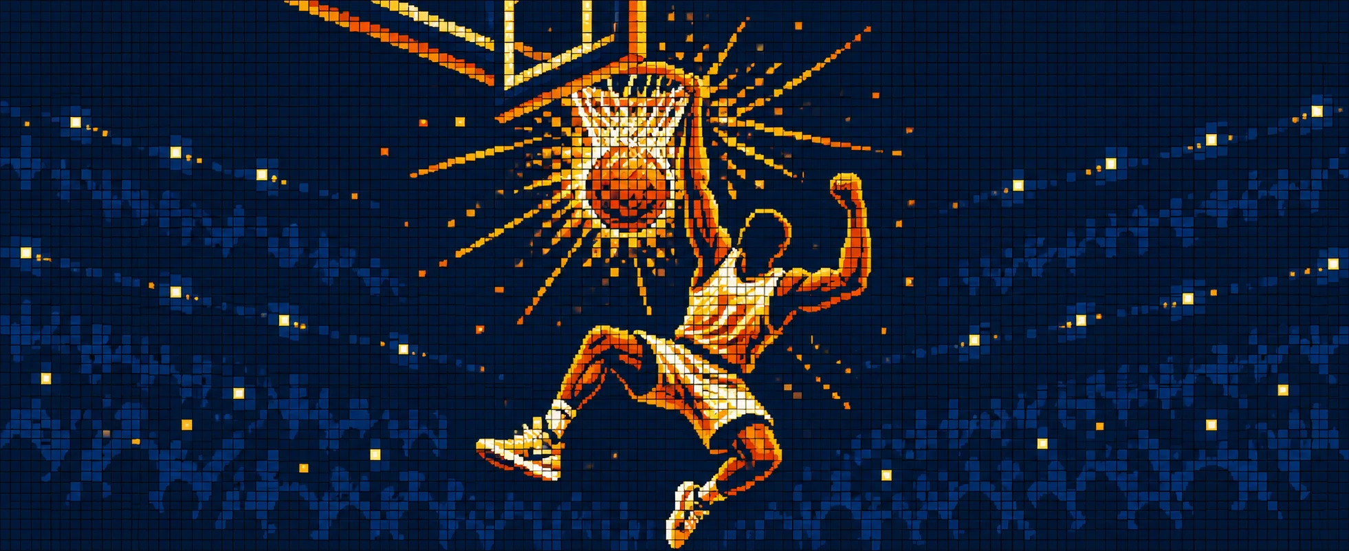 A pixel-art basketball player slams a dunk in a burst of golden light.