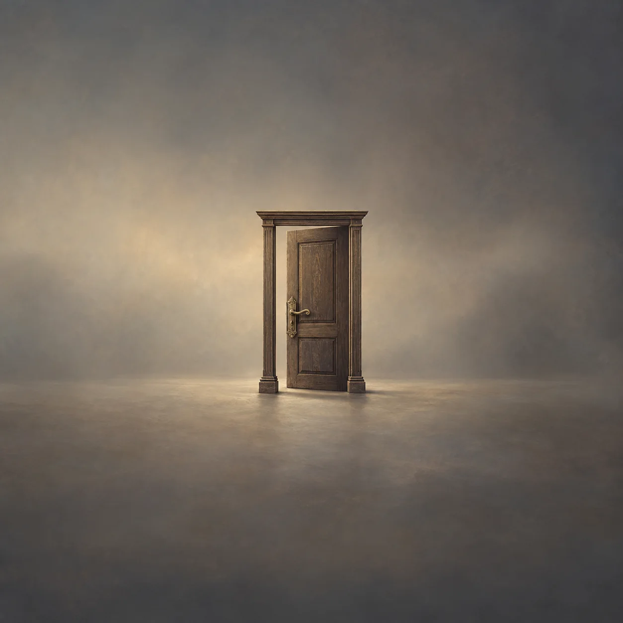Painterly closed wooden door in a freestanding frame against hazy grey.