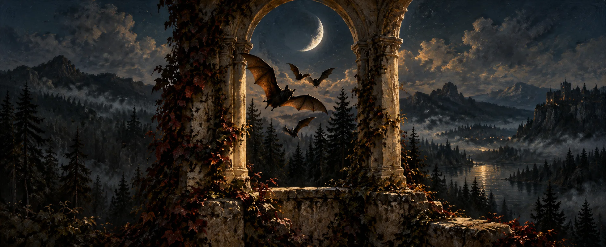 A silver crescent hangs above dark pine trees, with a pale stone arch in the foreground.