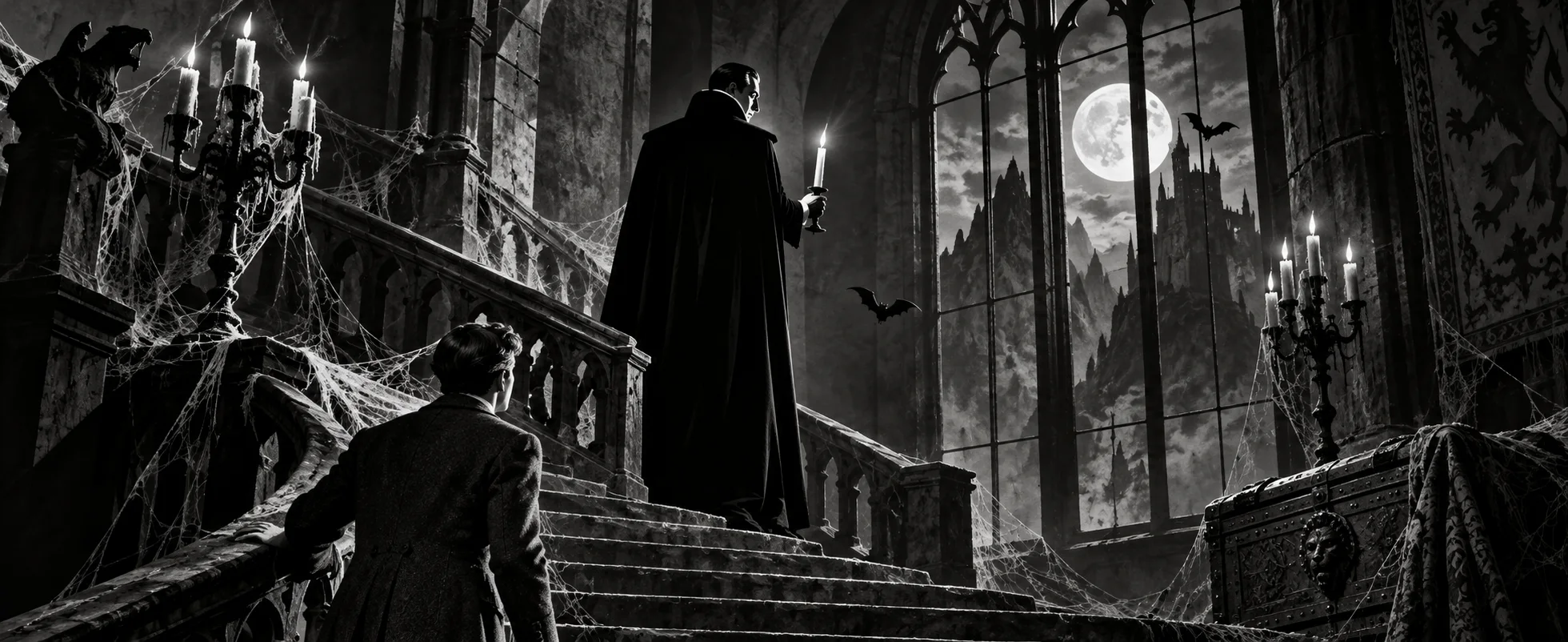 In black and white, a caped count with a candle stands on a cobwebbed castle staircase, turning toward a moonlit window, as a young Englishman climbs behind him.