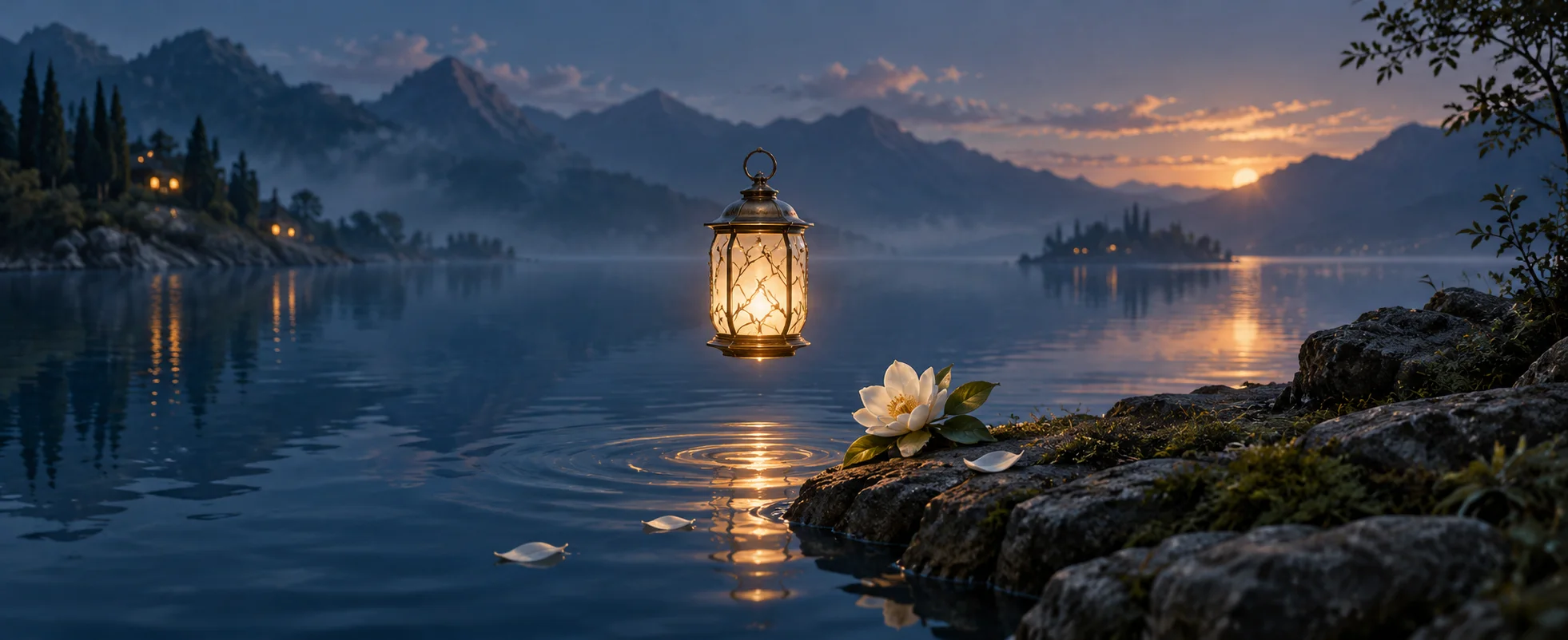 A small brass lantern floats above still blue water beside a white flower on the shore.