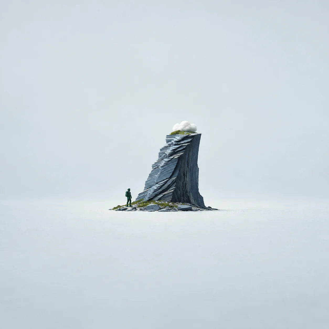 A tiny green figure at the foot of a tall blue-grey cliff topped with a small white cloud.