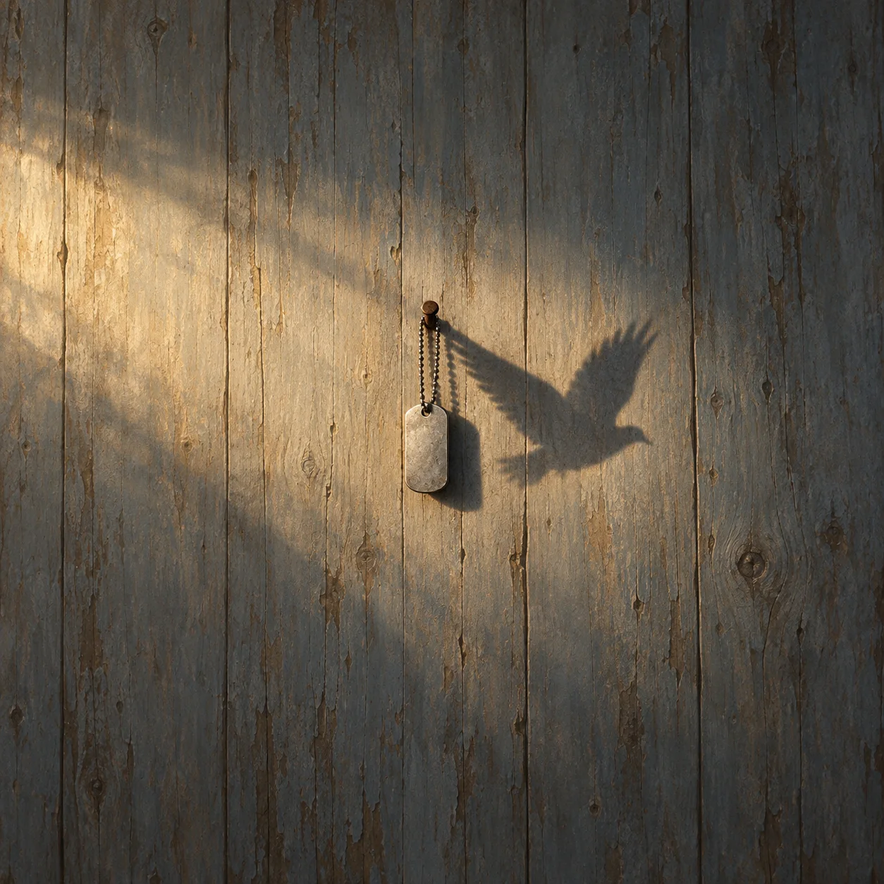 Painterly silver tag hanging from a nail on weathered wood and casting a bird-shaped shadow.
