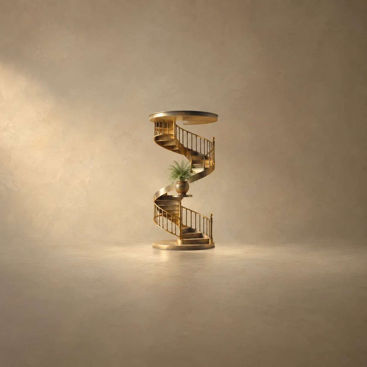 Two gold spiral staircases meet at a small potted plant against a warm cream background.