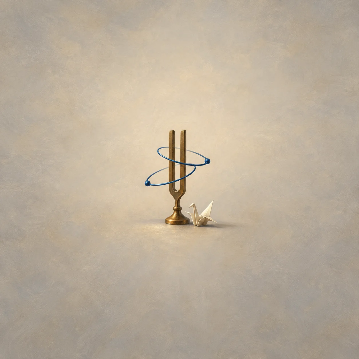 A brass tuning fork encircled by blue wire loops beside a folded white paper bird against a pale background.