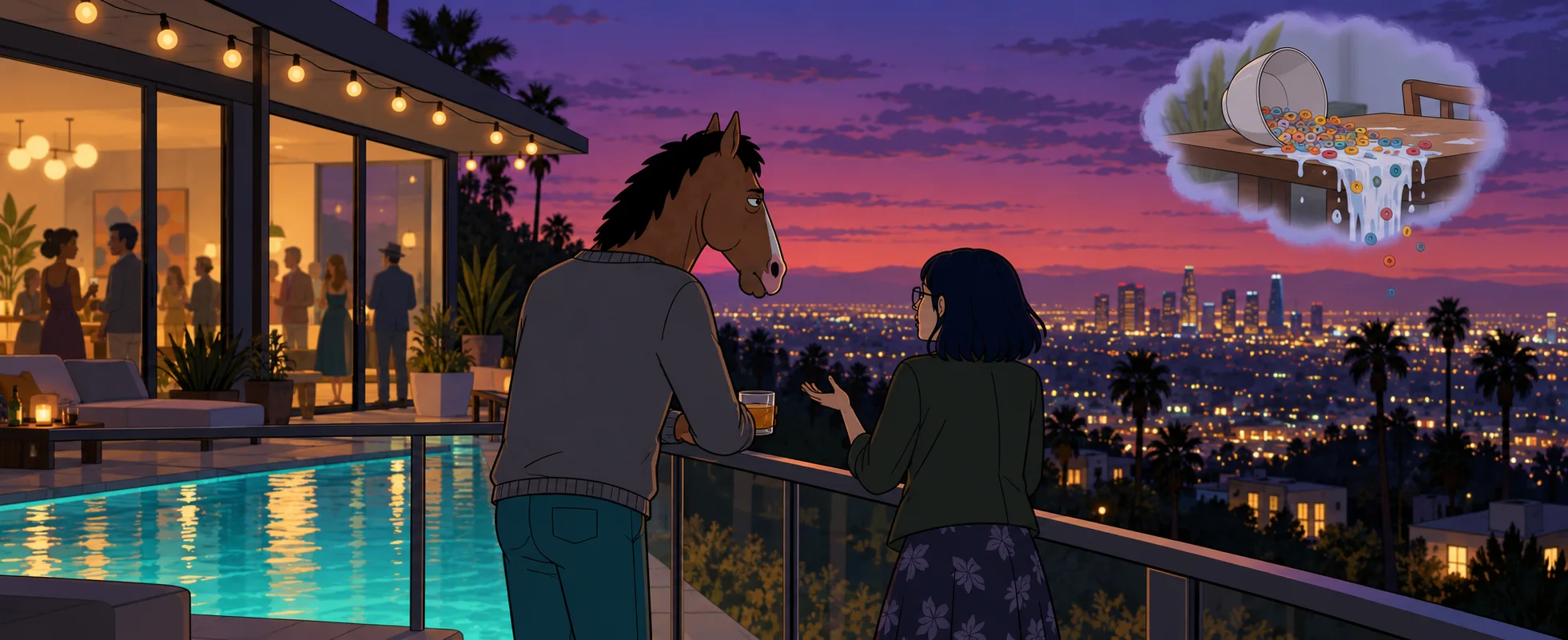A horse in a sweater talks with a woman on a hillside balcony above a glowing pool, a thought bubble of spilled cereal above.