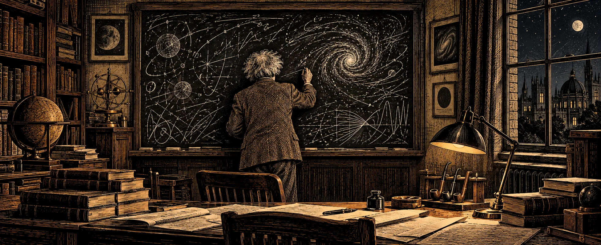 A wild-haired physicist, seen from behind, works at a blackboard covered in cosmic diagrams in a book-lined study at night.