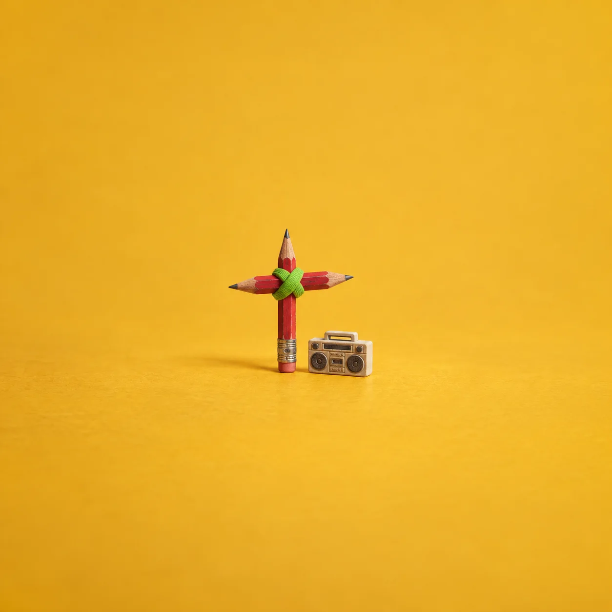 A small cross made from two red pencils tied with a neon green band beside a tiny eraser shaped like a boombox on a yellow surface.