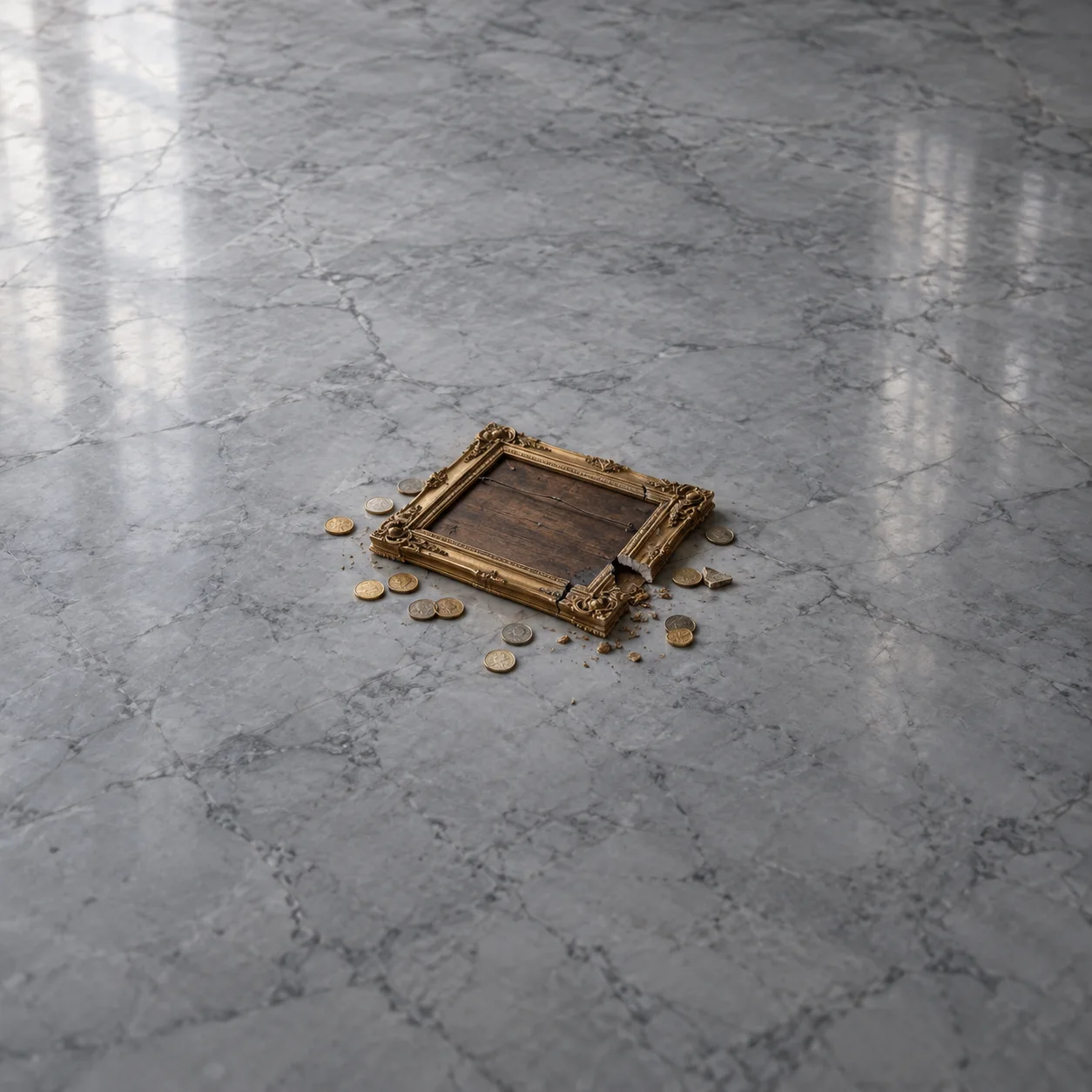 A cracked ornate gold picture frame lies on grey marble amid scattered coins.