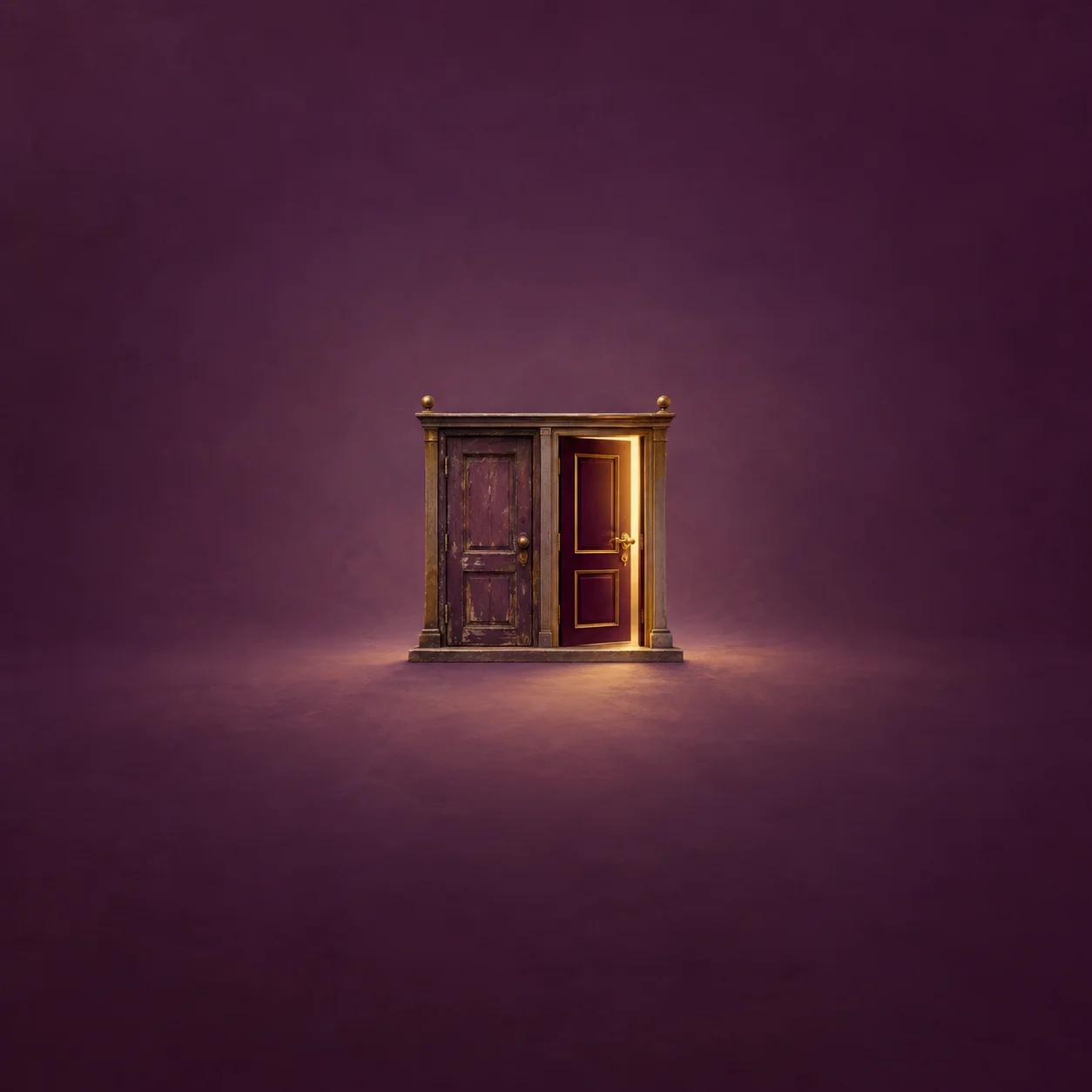 Two miniature doors side by side, one weathered and closed, the other outlined in gold and slightly open, against a plum background.