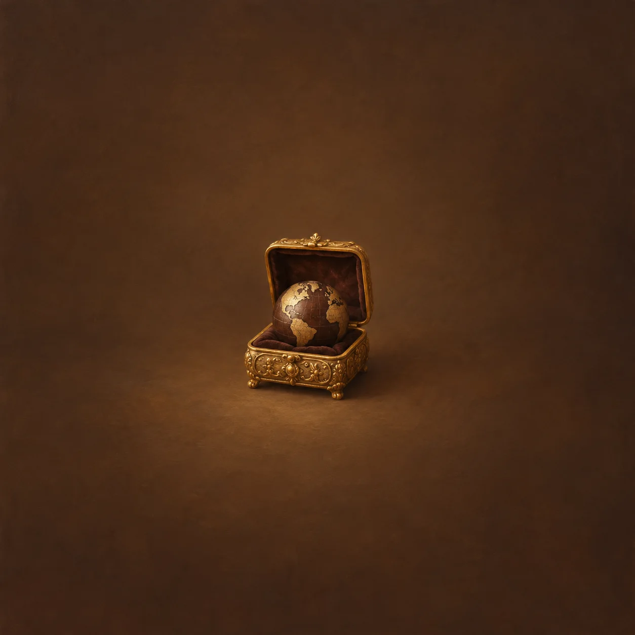 Painterly small brown and gold globe nestled inside an open ornate gold box.