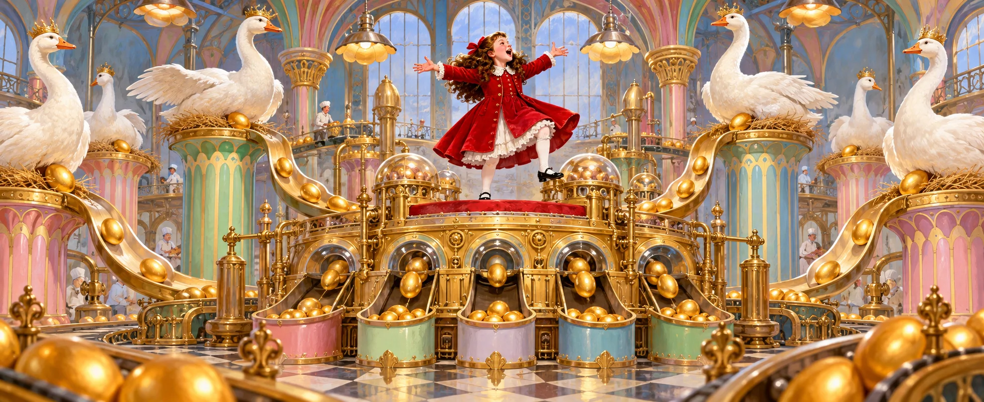 A spoiled girl in a red coat stamps and flings her arms out atop an egg-sorting machine among giant golden geese.
