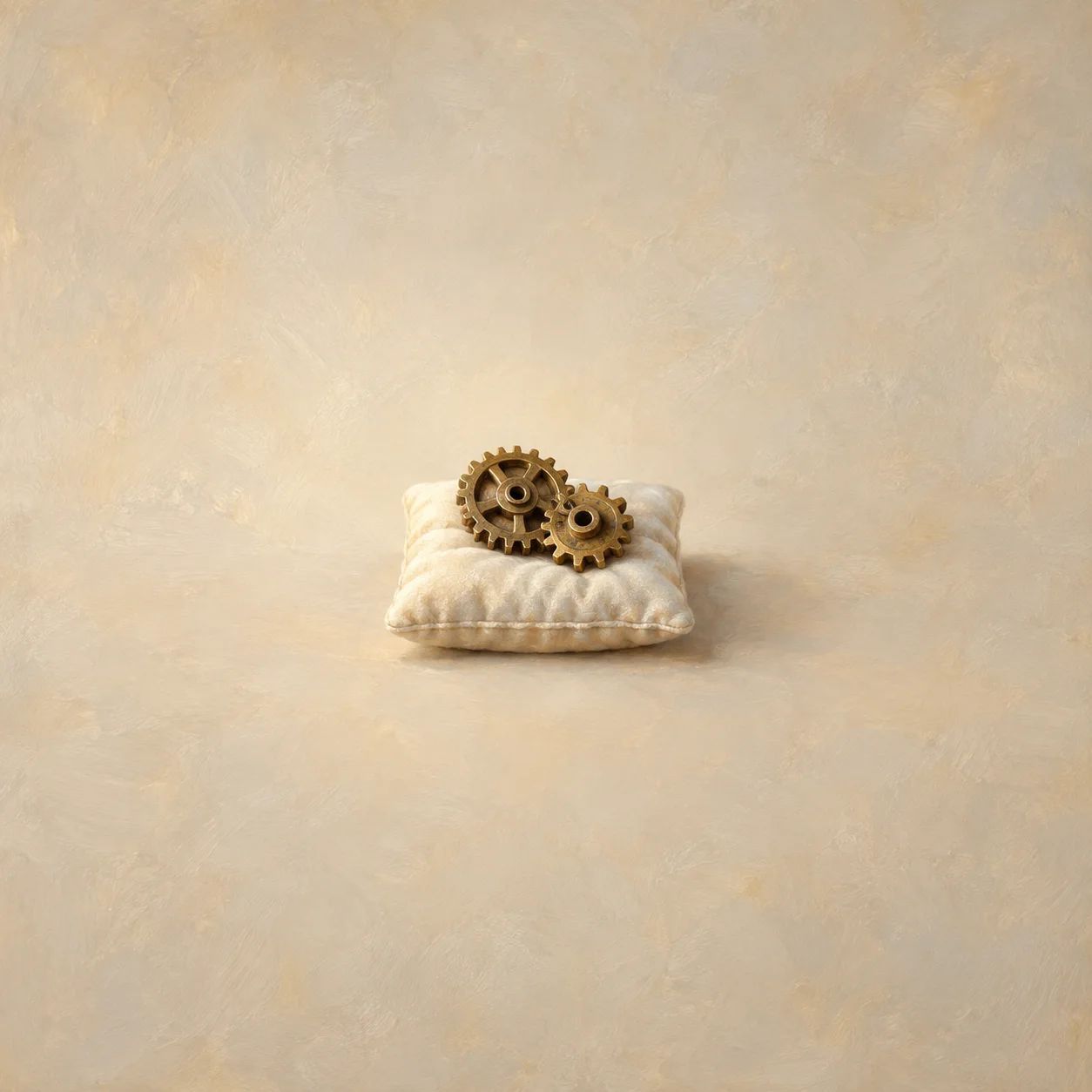 Two interlocking brass gears rest on a soft cream cushion in warm light.