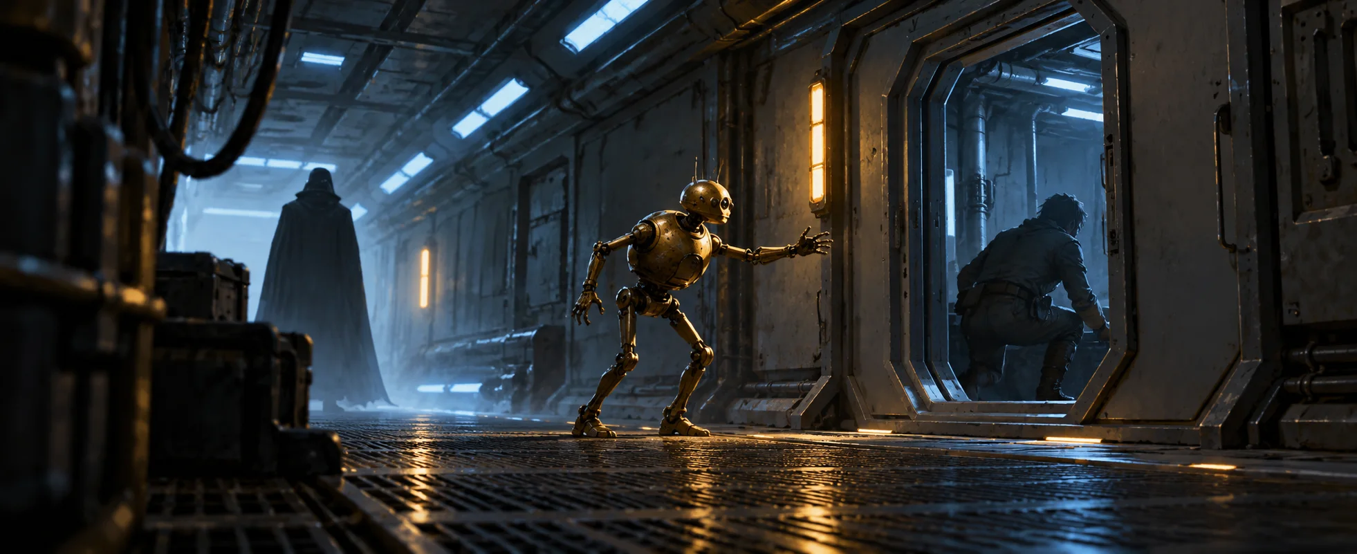 A gold droid gestures in a dark starship corridor as a cloaked figure lurks behind.
