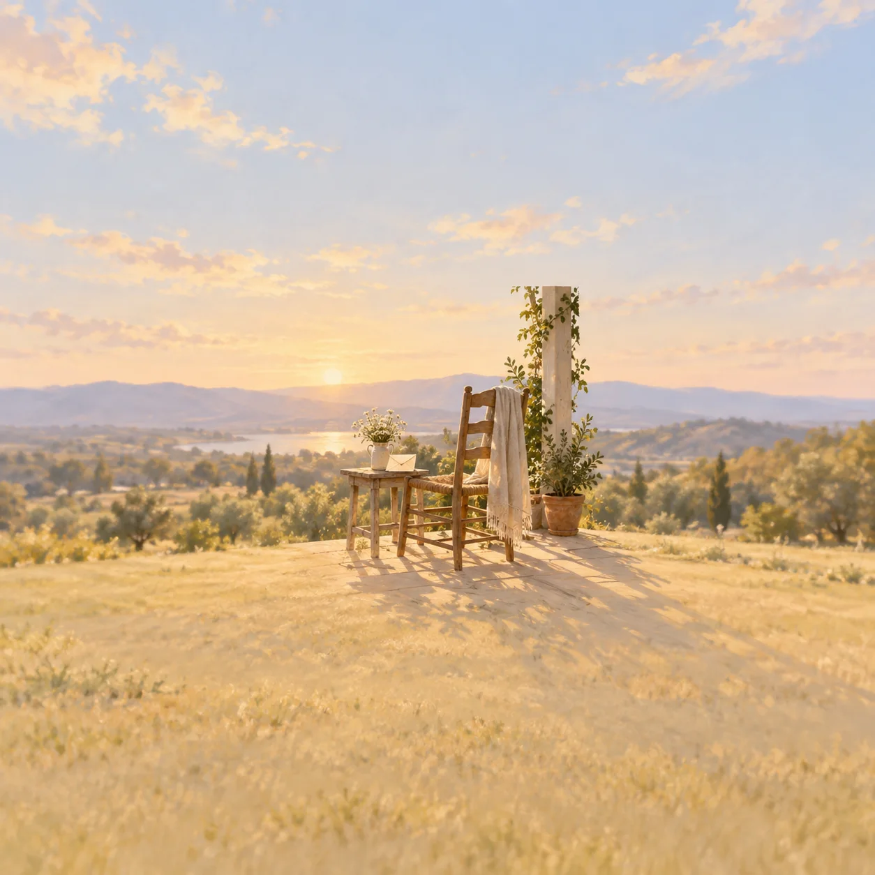 Painterly empty wooden chair and small table on a sunlit terrace overlooking a valley.
