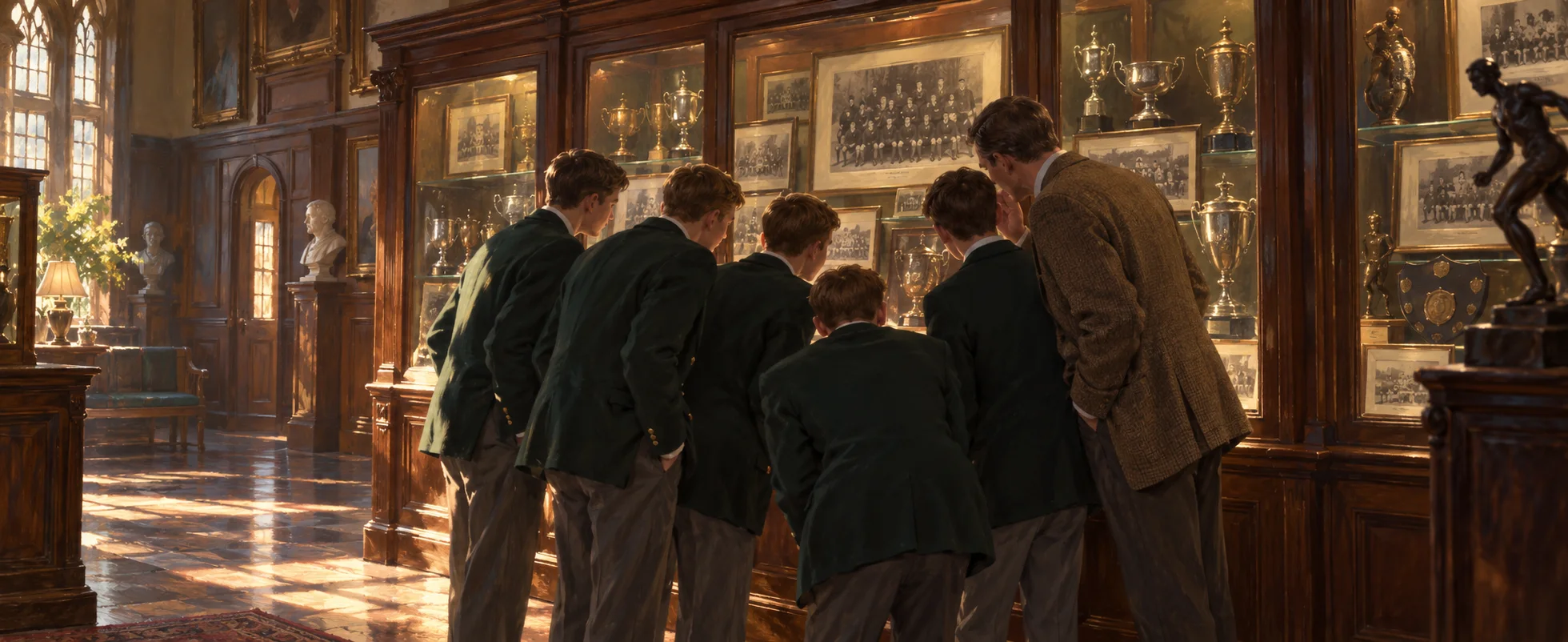 Boys in dark blazers lean in to look at old team photographs in a wood-panelled trophy hall while their teacher in tweed stands behind them.