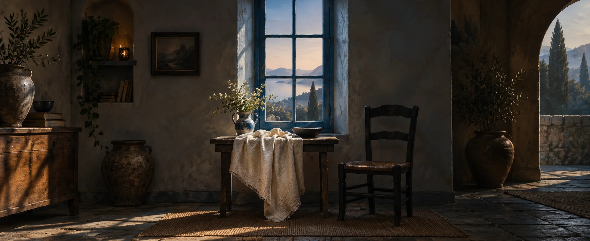 A cream cloth drapes over a small table beneath a blue-lit window beside an empty dark chair.