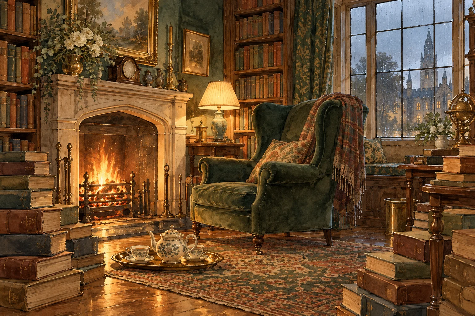 A cosy book-lined study with a roaring fire, a green armchair, stacks of old books and a tea tray, a college spire beyond the rainy window.