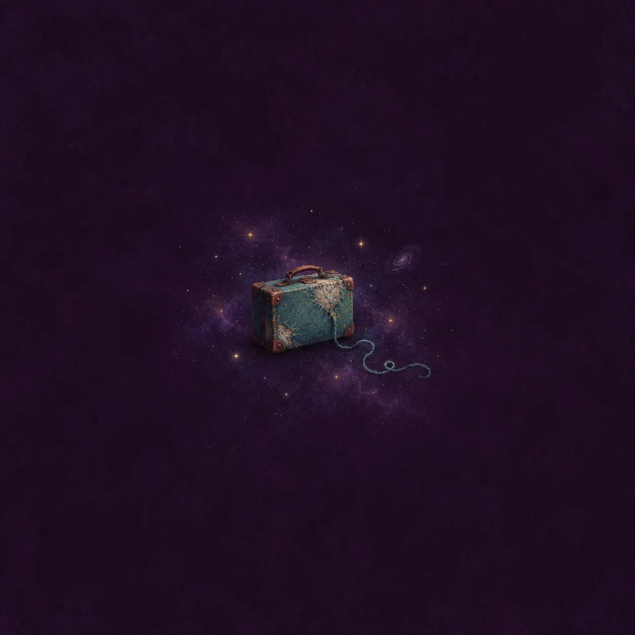 A small worn teal suitcase with an unraveling yarn strand trailing over a violet star-speckled cloth.