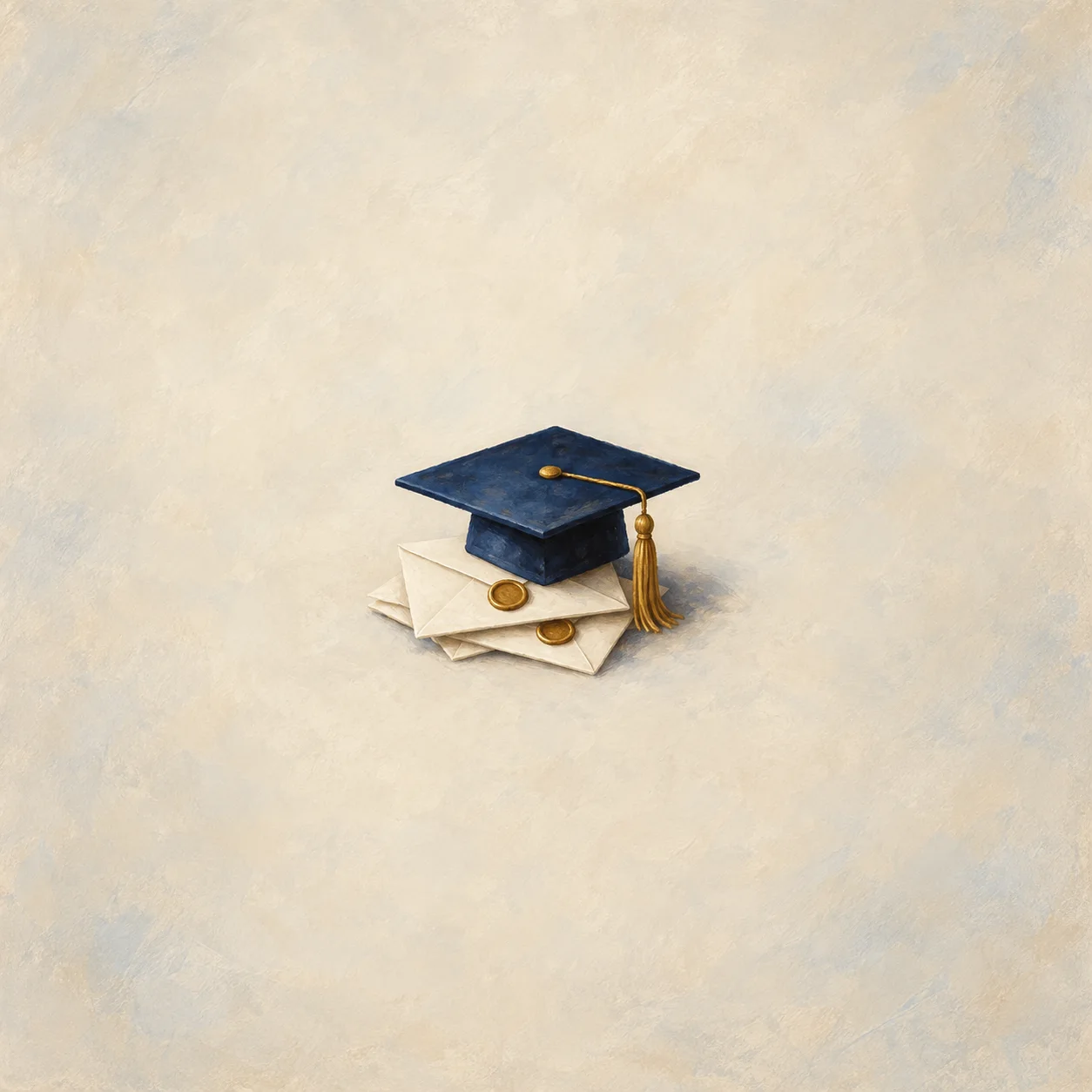 Navy graduation cap with gold tassel resting on plain sealed envelopes bearing blank wax discs