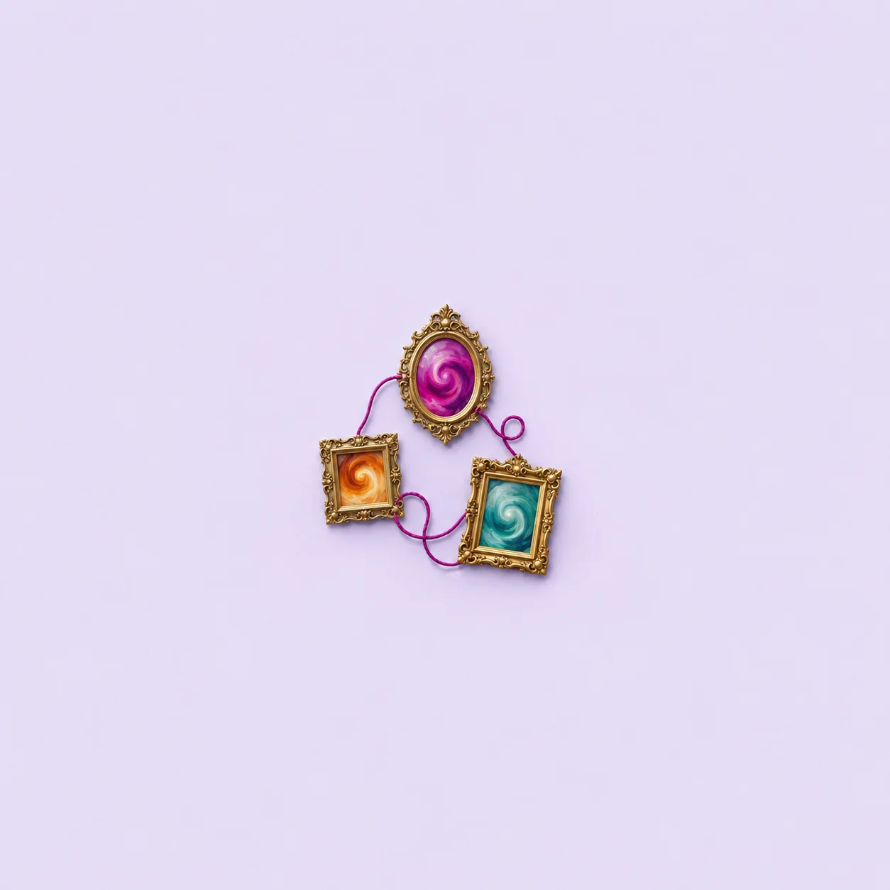 Three small gilt picture frames connected by a looping magenta thread, each holding a different colour swirl, on a lilac background.