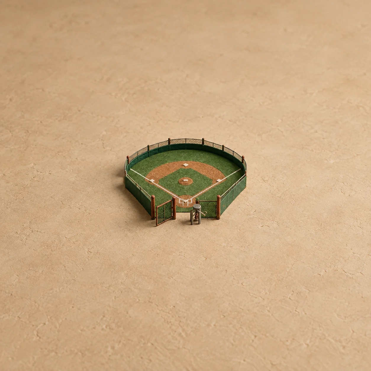 A miniature baseball diamond with a tiny open gate and turnstile on a sand-colored surface.