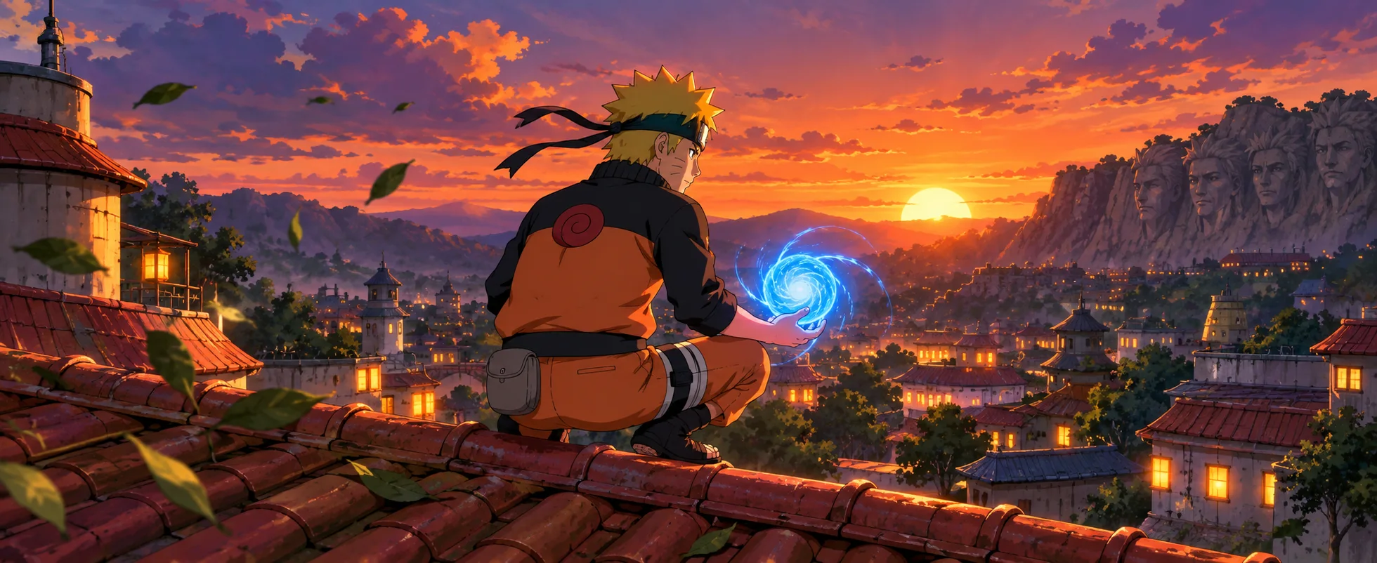 A ninja in orange crouches on a village rooftop at sunset, a swirling blue sphere spinning in his hand.