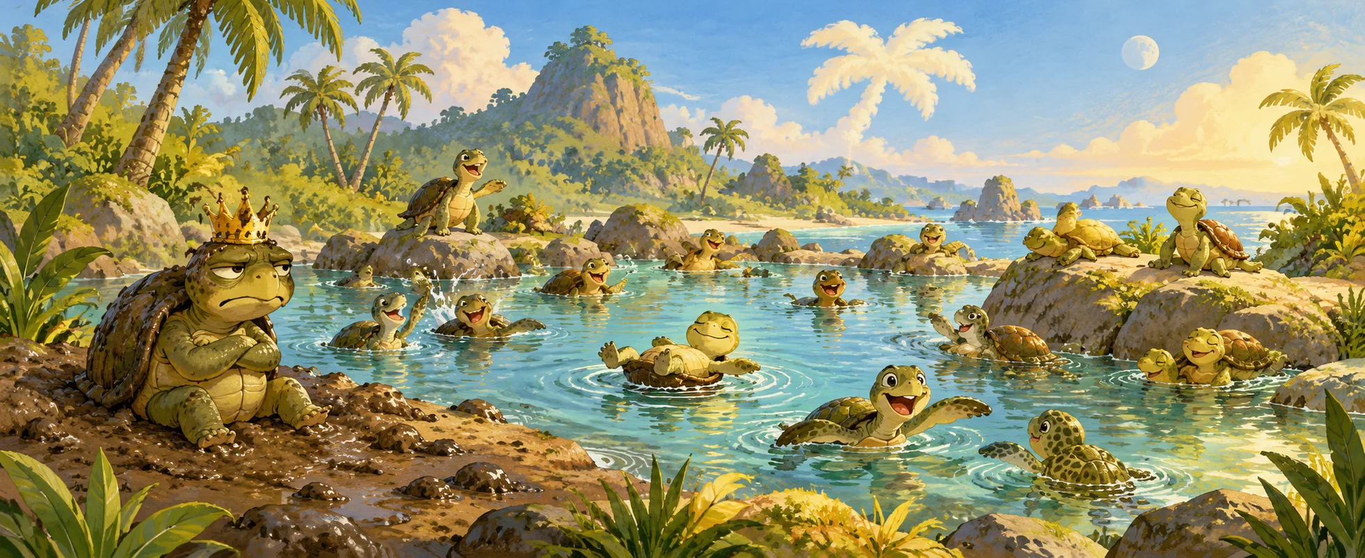 A sulking turtle in a crooked little crown sits splattered in the mud at the edge of a sunny island pond while dozens of happy turtles swim, float and sunbathe free around him.