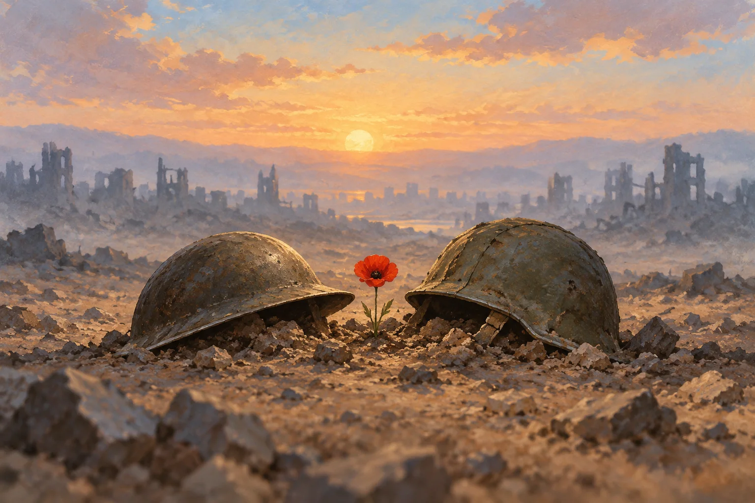 Two battered metal helmets lie in rubble beside a red poppy, with a ruined city beneath a hazy sunrise.