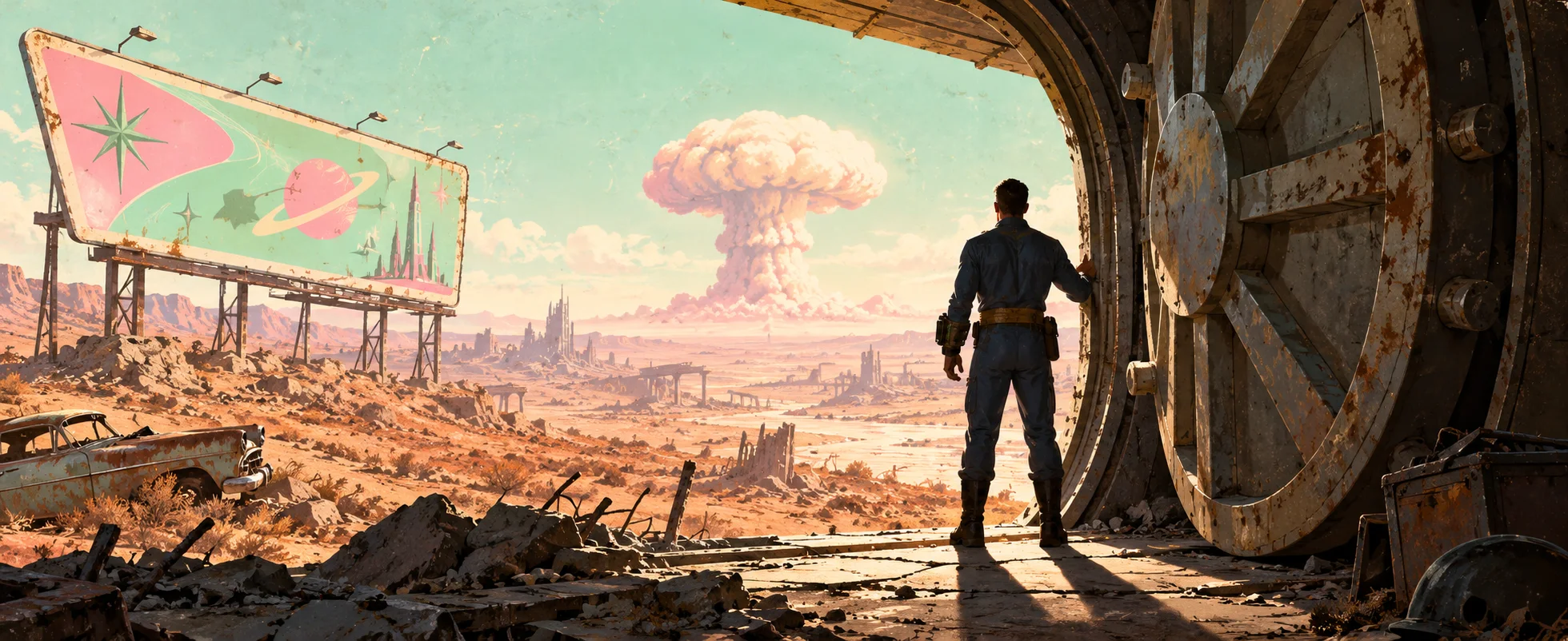 A figure in a blue vault jumpsuit stands at an open steel bunker door looking out at a ruined wasteland, a retro billboard and a distant mushroom cloud.