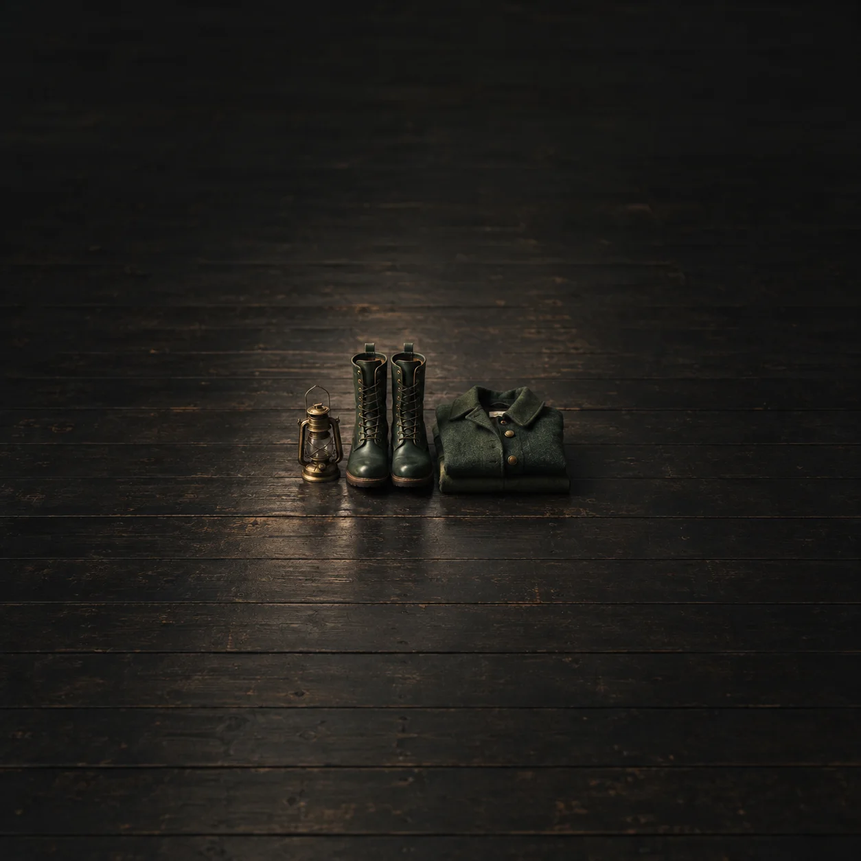 Green lace-up boots beside a folded dark coat and a small brass lantern on a dark wooden floor.