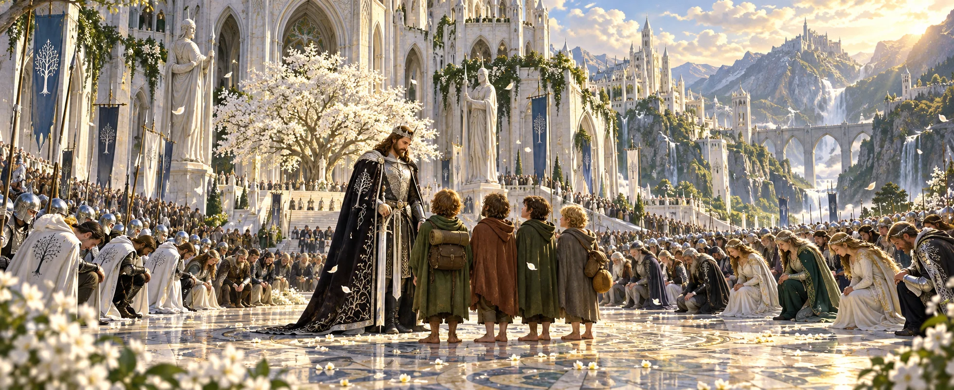 A newly crowned king stands before four small hobbits as a whole white-stone city kneels around them under a flowering tree.