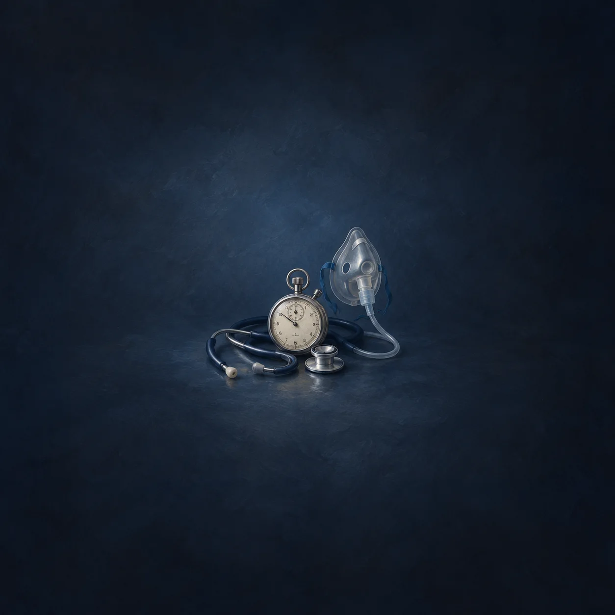 Painterly stopwatch, stethoscope and clear oxygen mask arranged on navy blue.