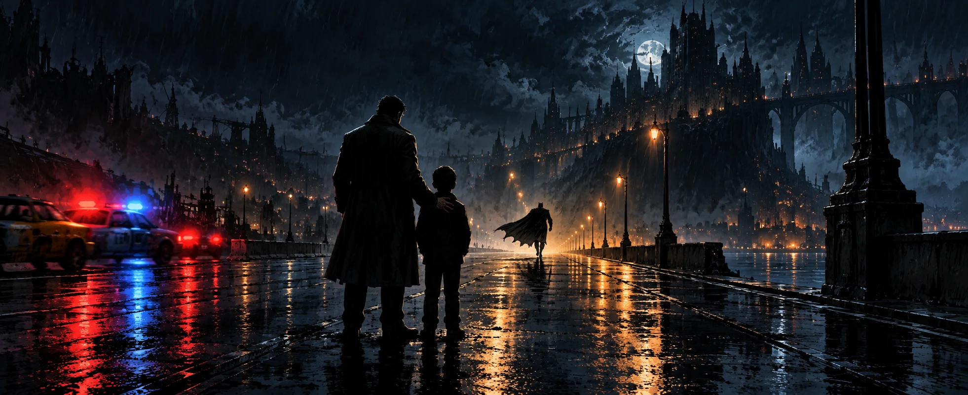 A man in a long coat and a boy watch from a rain-slick road as a caped rider speeds away past police lights.