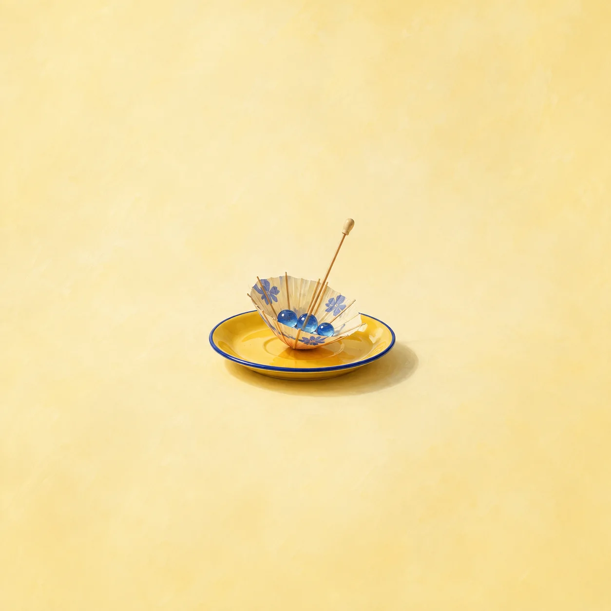 An upside-down paper umbrella holds blue glass drops on a yellow plate.