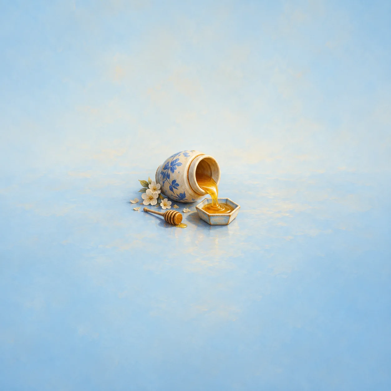 A ceramic honey pot tipped on its side with honey flowing into a small hexagonal dish on a sky-blue background.