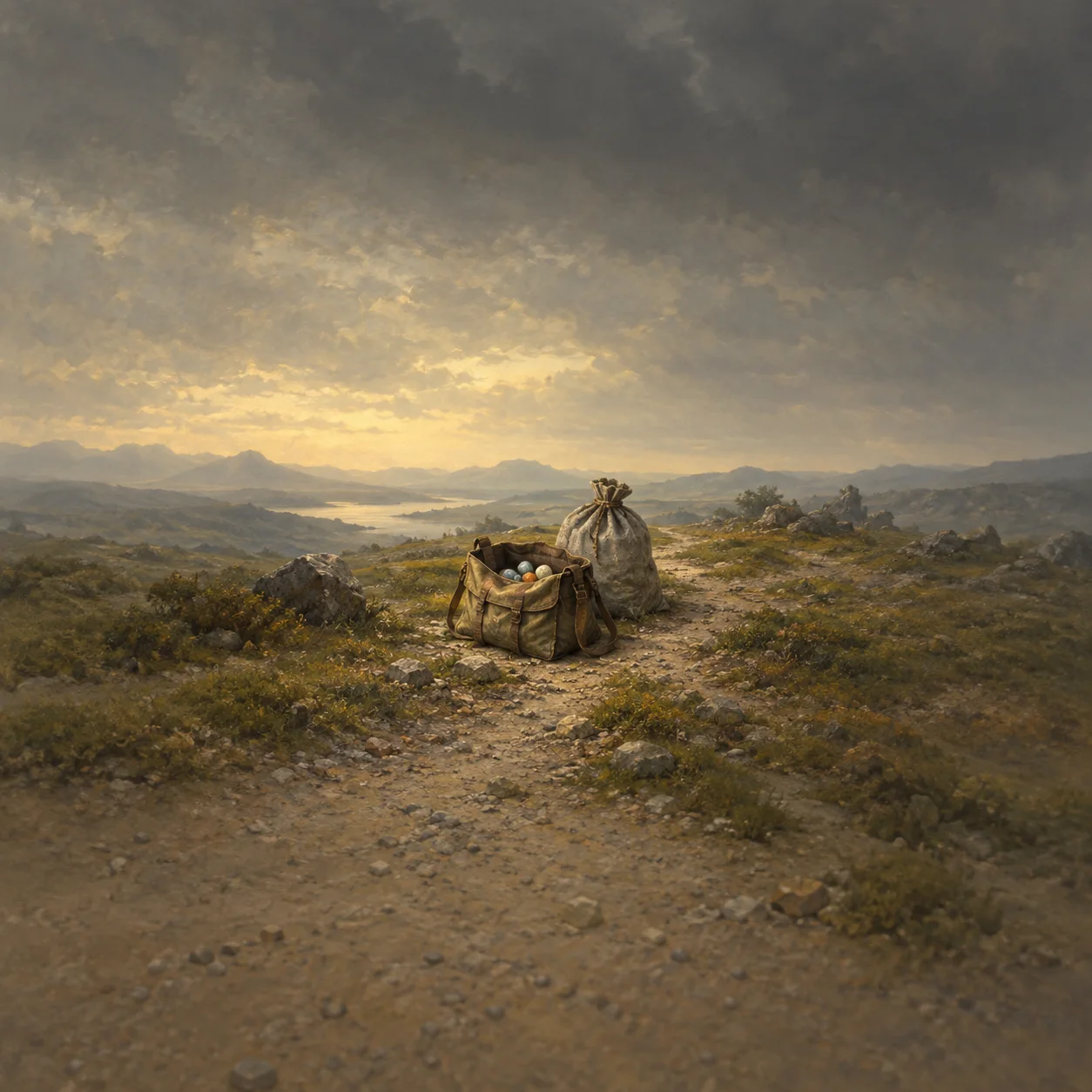 A small canvas satchel holding bright pebbles on a path, with a larger gray sack left behind it.