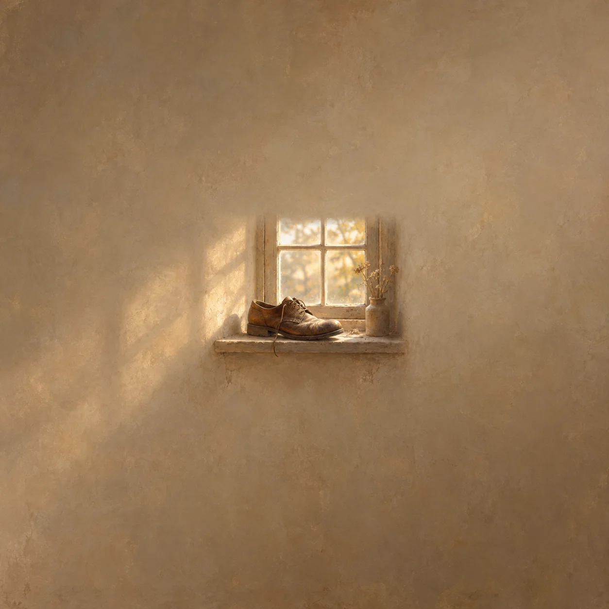 A single worn brown leather shoe rests on a windowsill in warm sunlight.