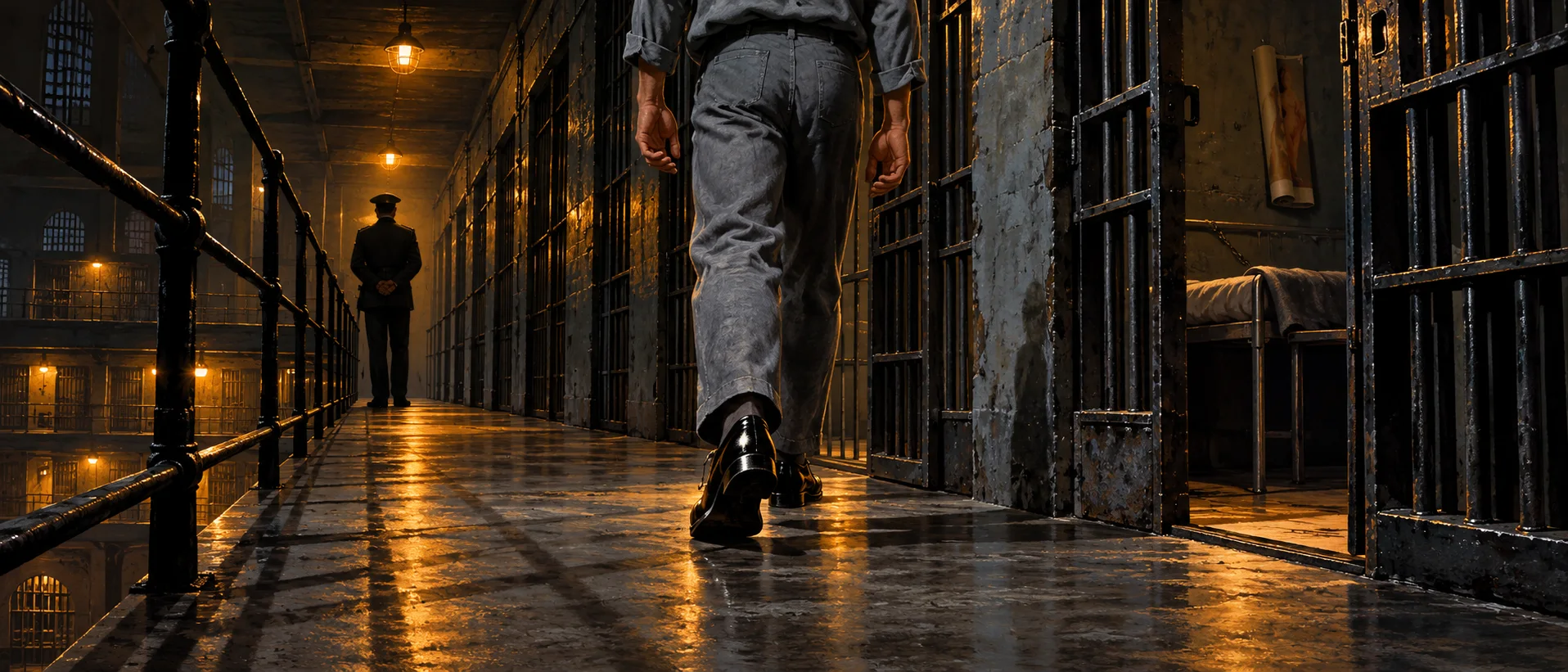 Low view of a prisoner in grey walking down a dim cellblock tier in gleaming black dress shoes while a guard at the far end looks away.