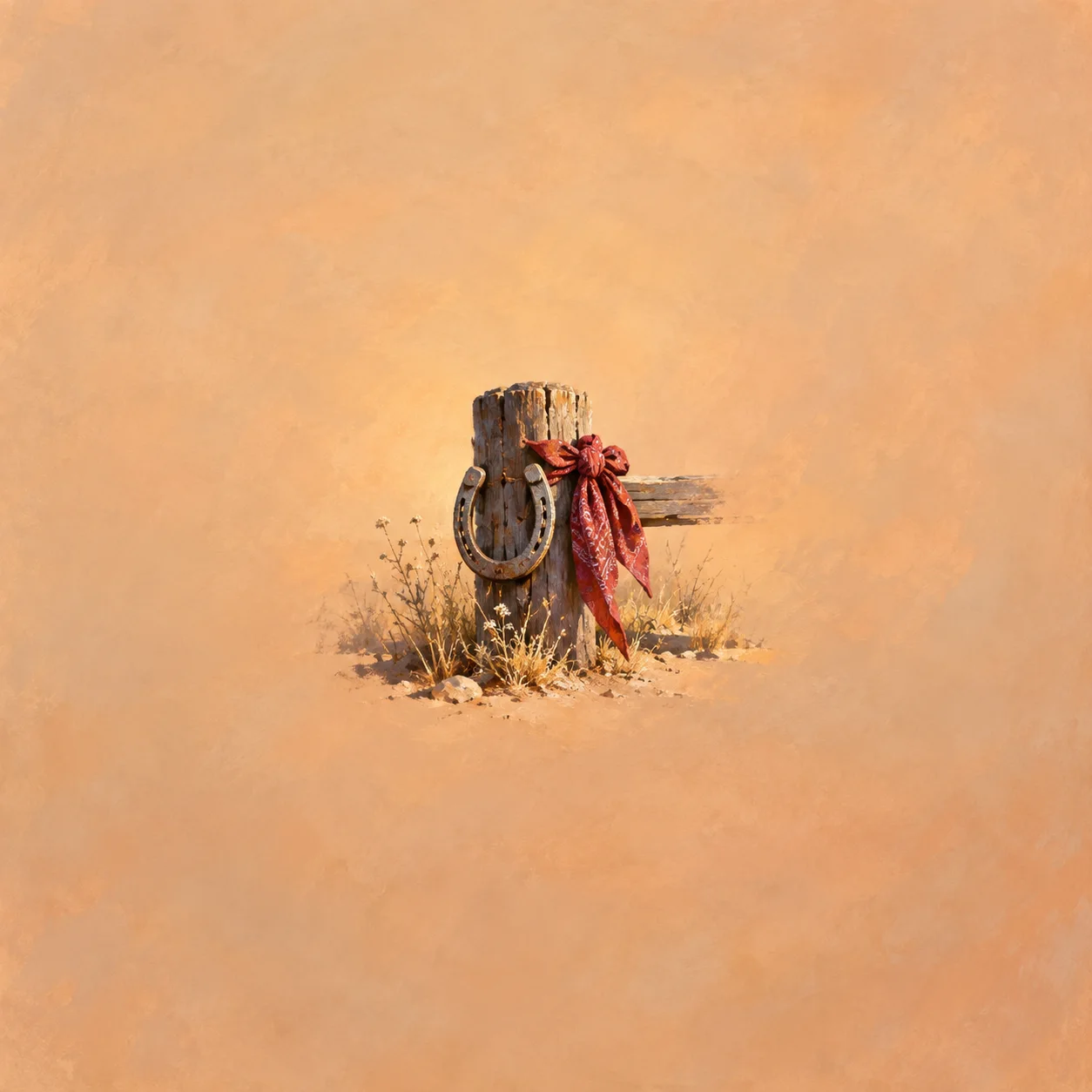 A horseshoe and red bandana hang from a weathered fence post amid dry grass on ochre ground.