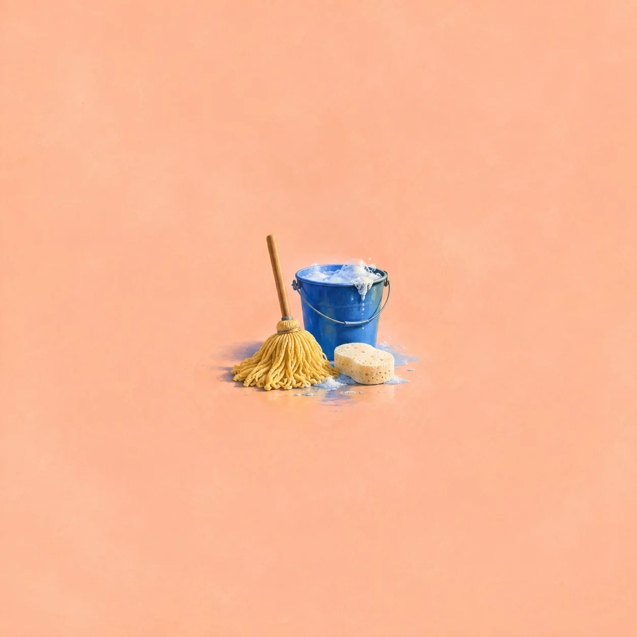 A yellow mop beside a sponge and a blue bucket overflowing with suds.