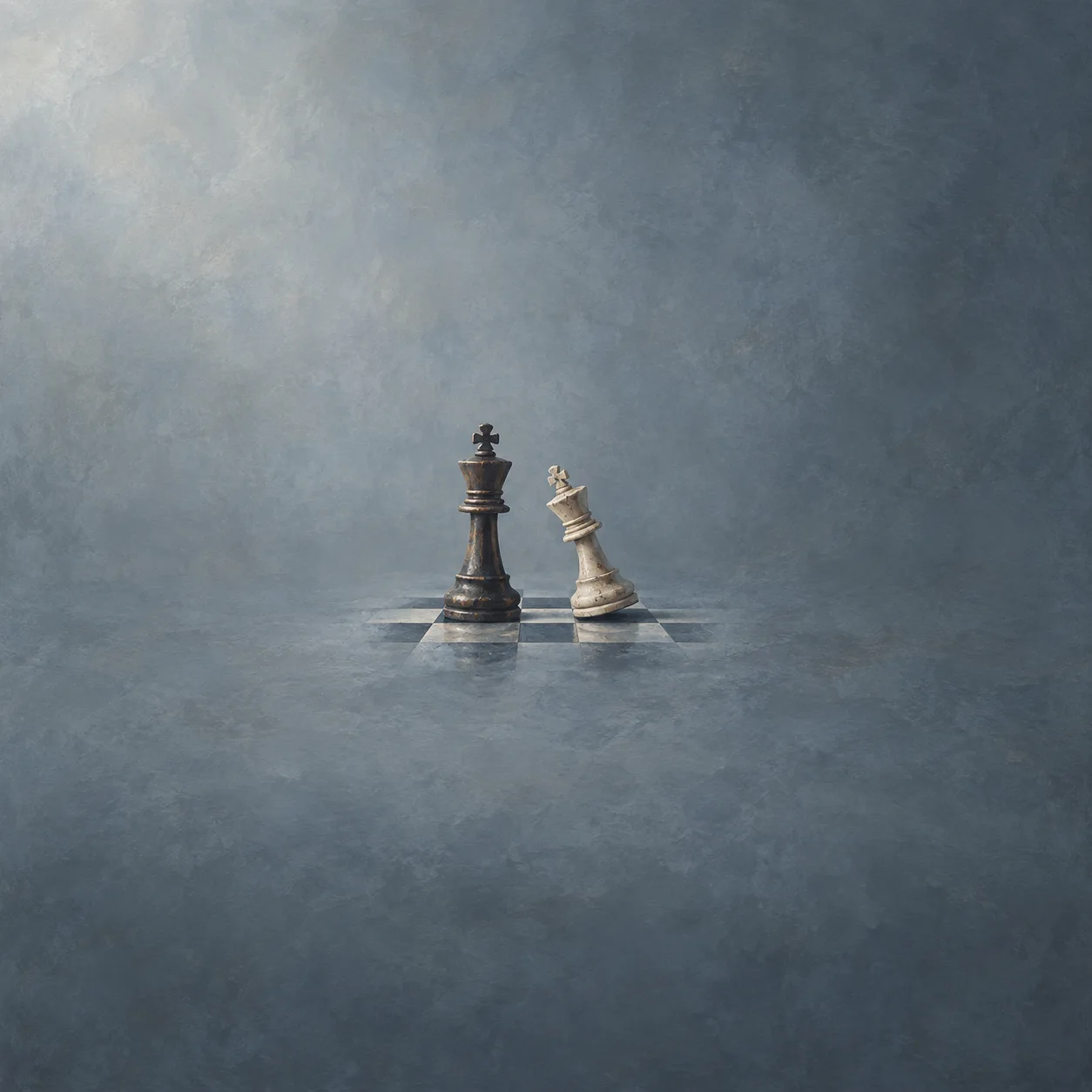 Painterly black chess king beside a tilted white chess piece on a grey-blue board.