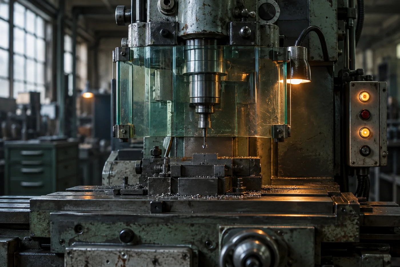 An industrial milling machine in an empty workshop, lit by small amber lamps.