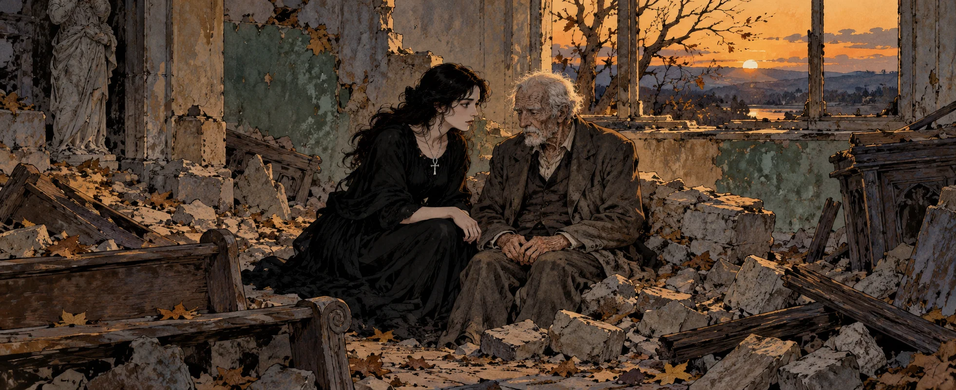 Comic illustration: a dark-haired woman in a long black dress kneels beside an elderly man in a worn coat among rubble and broken pews of a ruined chapel, an autumn sunset glowing through the broken window behind them.