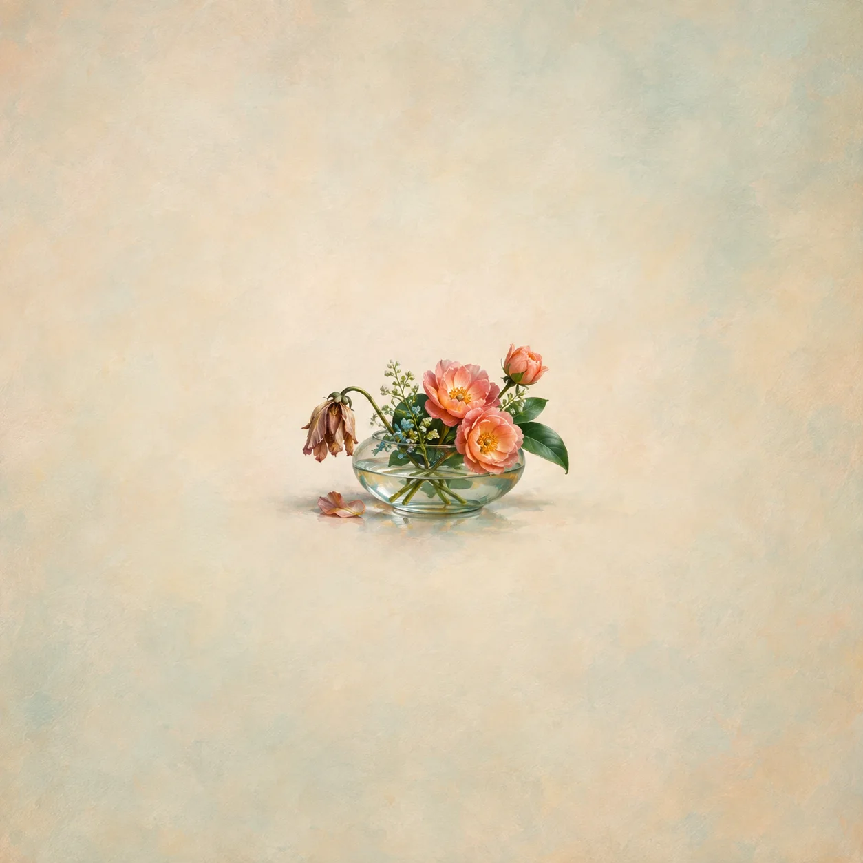 Short glass bowl of fresh flowers with one visibly wilted bloom and a detached petal