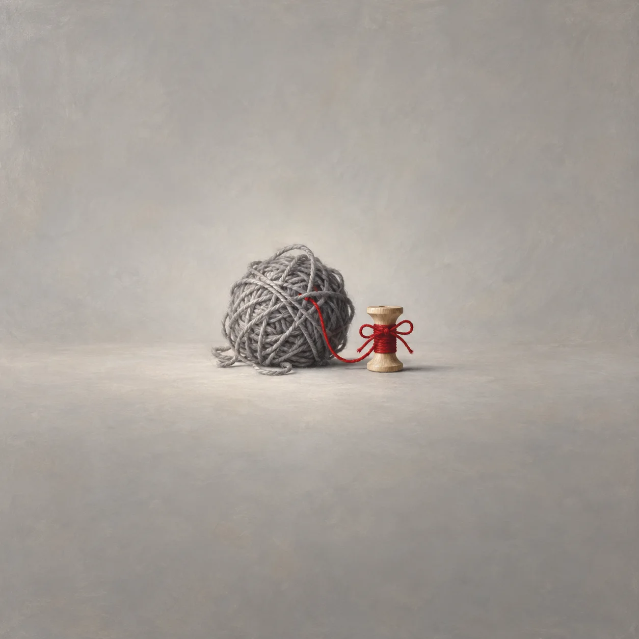 A tangled grey yarn ball trails one red thread tied in a bow around a wooden spool.